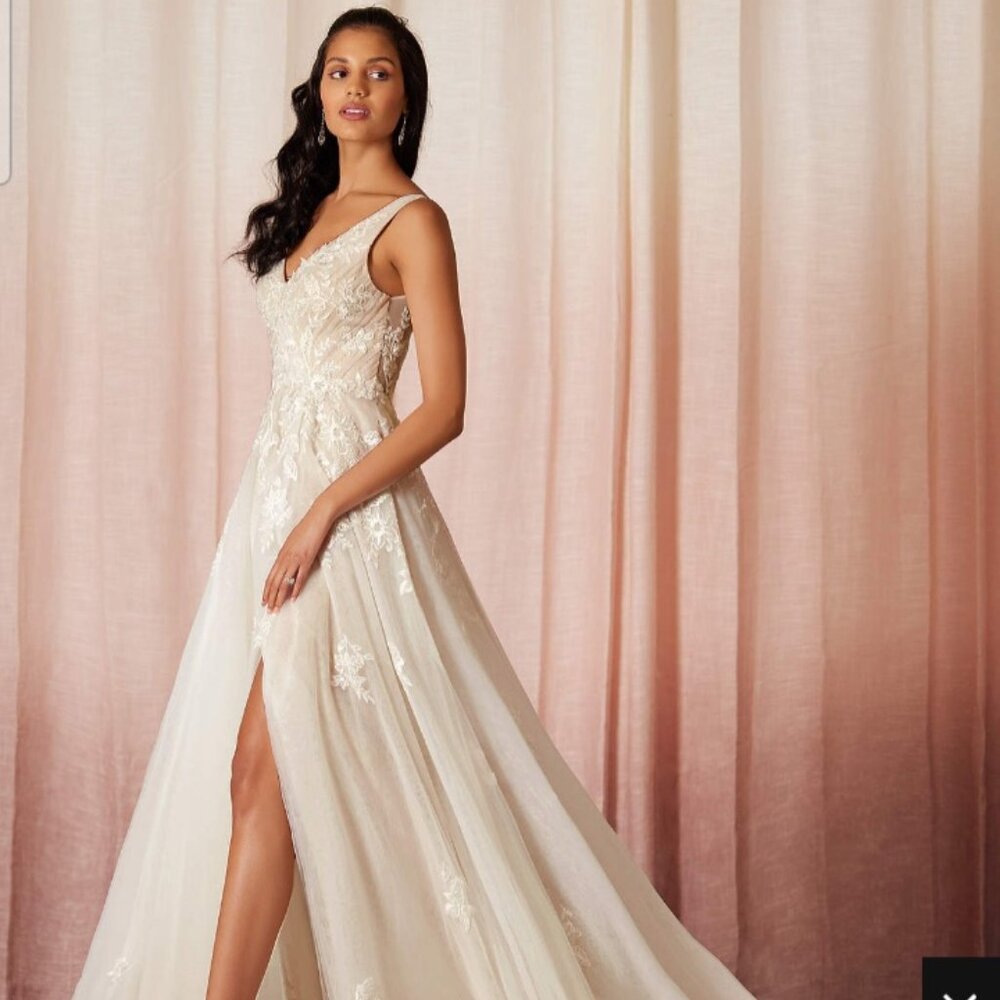 Azazie Joie Diamond White Nude A-Line V-Neck Sequins Tulle Dress NWOT